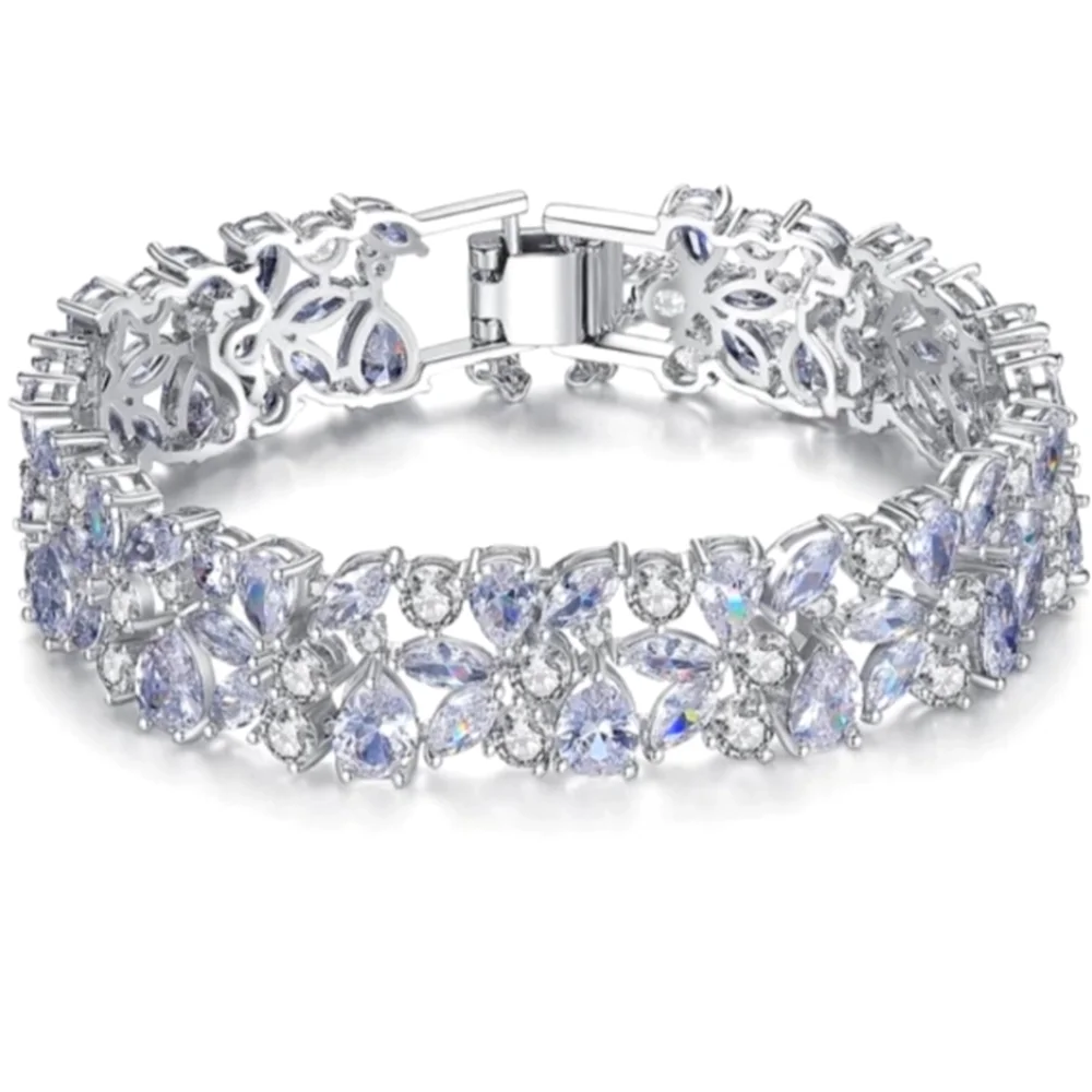 Rhodium Plated Floral Crystal Tennis Bracelet Silver Double Row Sparkle - Picture 4 of 6